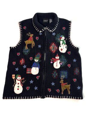 Erika Ugly Christmas Sweater Vest Womens Medium Black Zip Snowman Reindeer Tacky